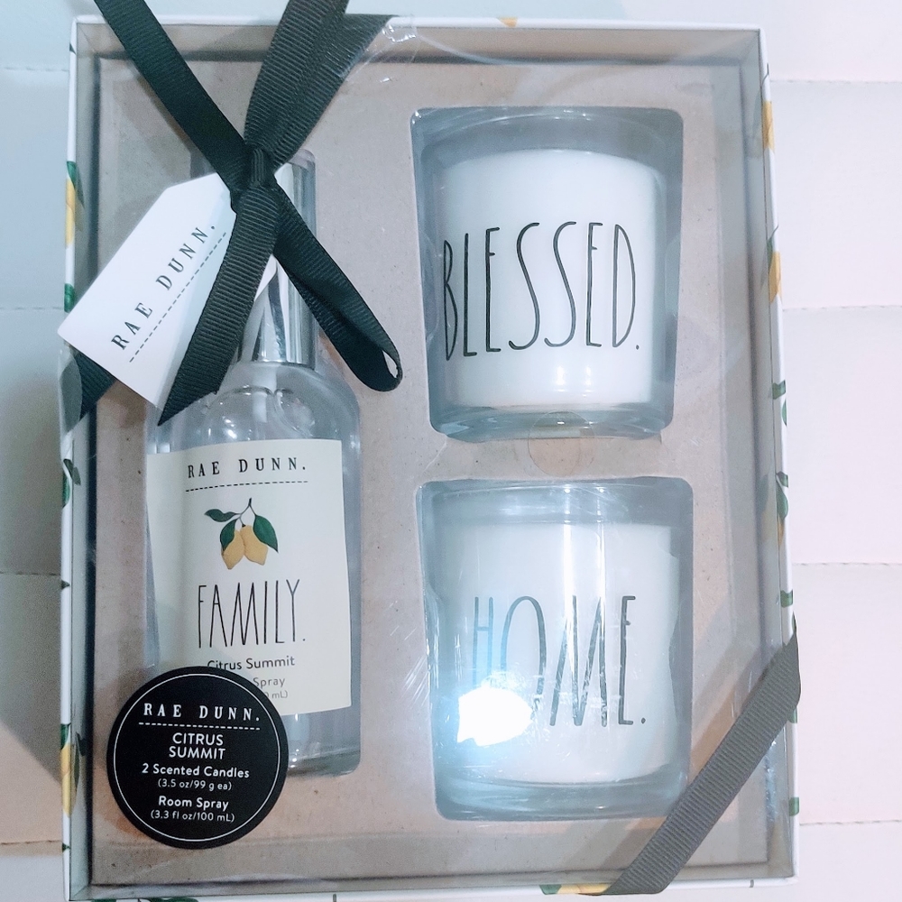 RAE DUNN 3 Piece Gift Set Room Spray and 2 Candles Citrus Summit